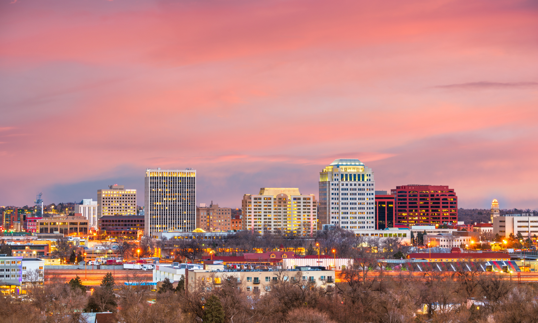 beautiful downtown Colorado Springs at sunset